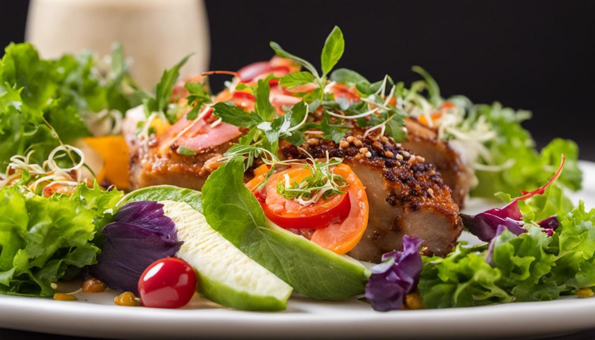 A plate of a beautifully filled dish with various ingredients displayed in an organized manner.