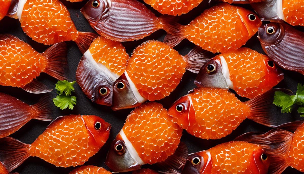A close-up image of fish roe, glistening and colorful, ready to be enjoyed