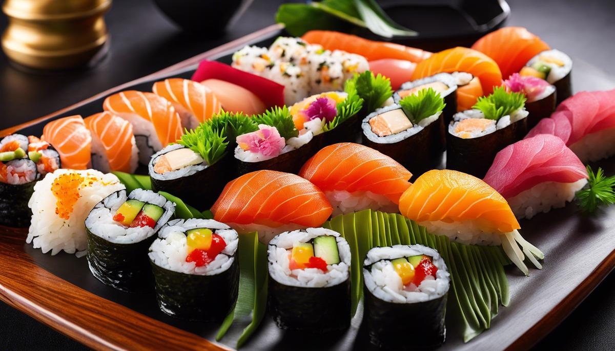 Image of a beautifully arranged sushi platter with vibrant colors and artistic presentation.