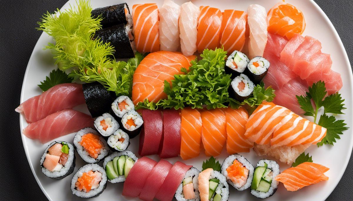 A plate of sushi and sashimi, beautifully arranged with a variety of colors and textures.