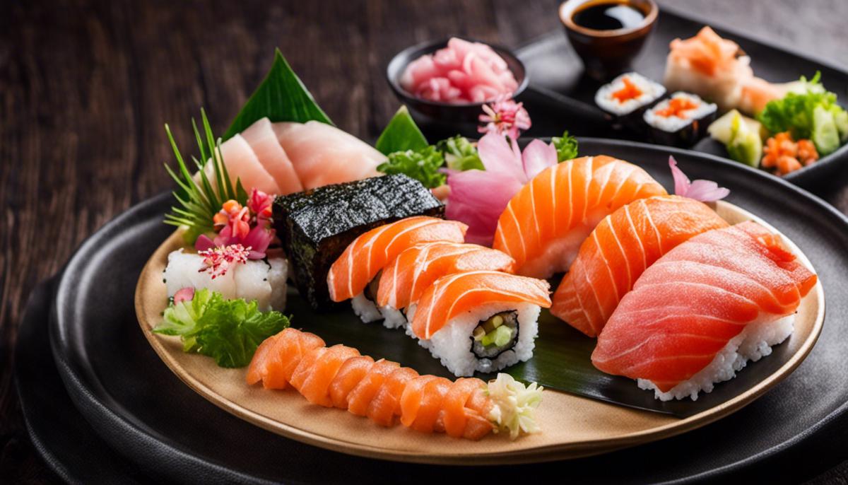 A plate of sushi and sashimi with various ingredients and beautiful presentation