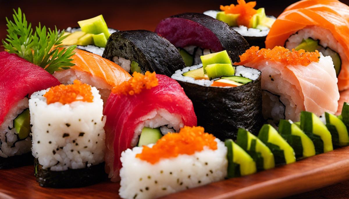 Beautifully arranged sushi rolls, showcasing, vibrant colors and precise presentation.