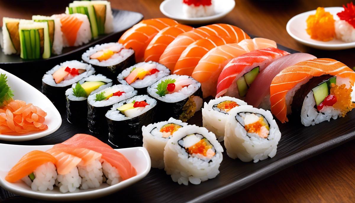 A close-up image of a beautifully arranged plate of sushi, showcasing the art and precision of Tokyo's sushi culture.