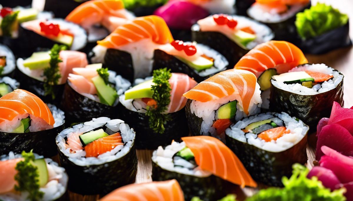 Un delicioso y colorido plato de rollos de sushi, relleno de pescado fresco, verduras y algas, creando una comida visualmente atractiva y saludable.