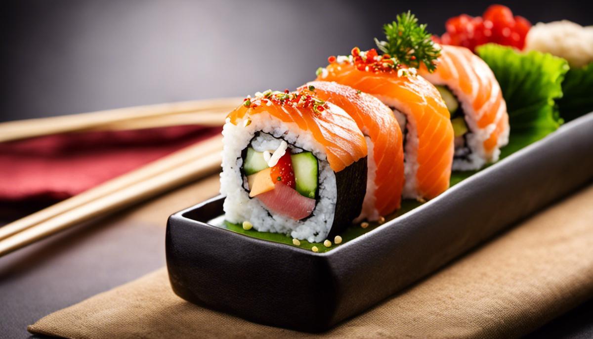 Imagen de un pedido de sushi con diferentes variedades, cuidadosamente presentado y servido.