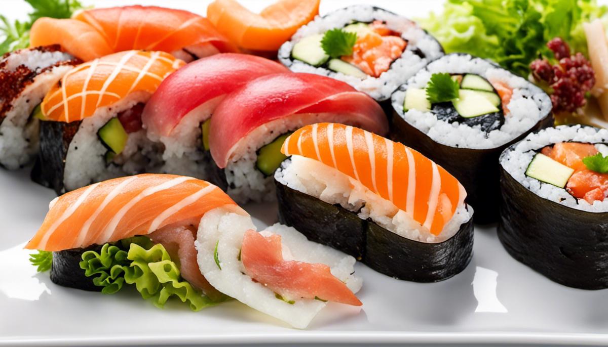 Una imagen de varios platos de sushi ingeniosamente dispuestos en un plato.