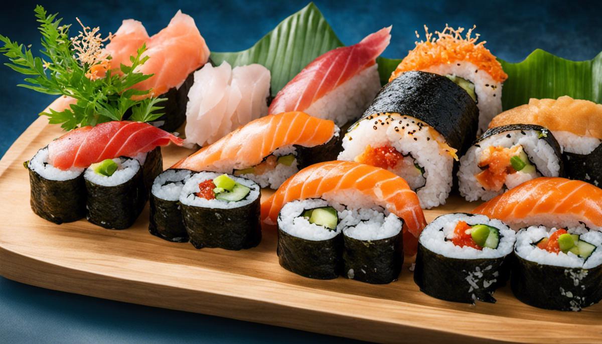Un plato de sushi con varios tipos de pescado, algas y arroz, que muestra los aspectos nutricionales y culturales del sushi.