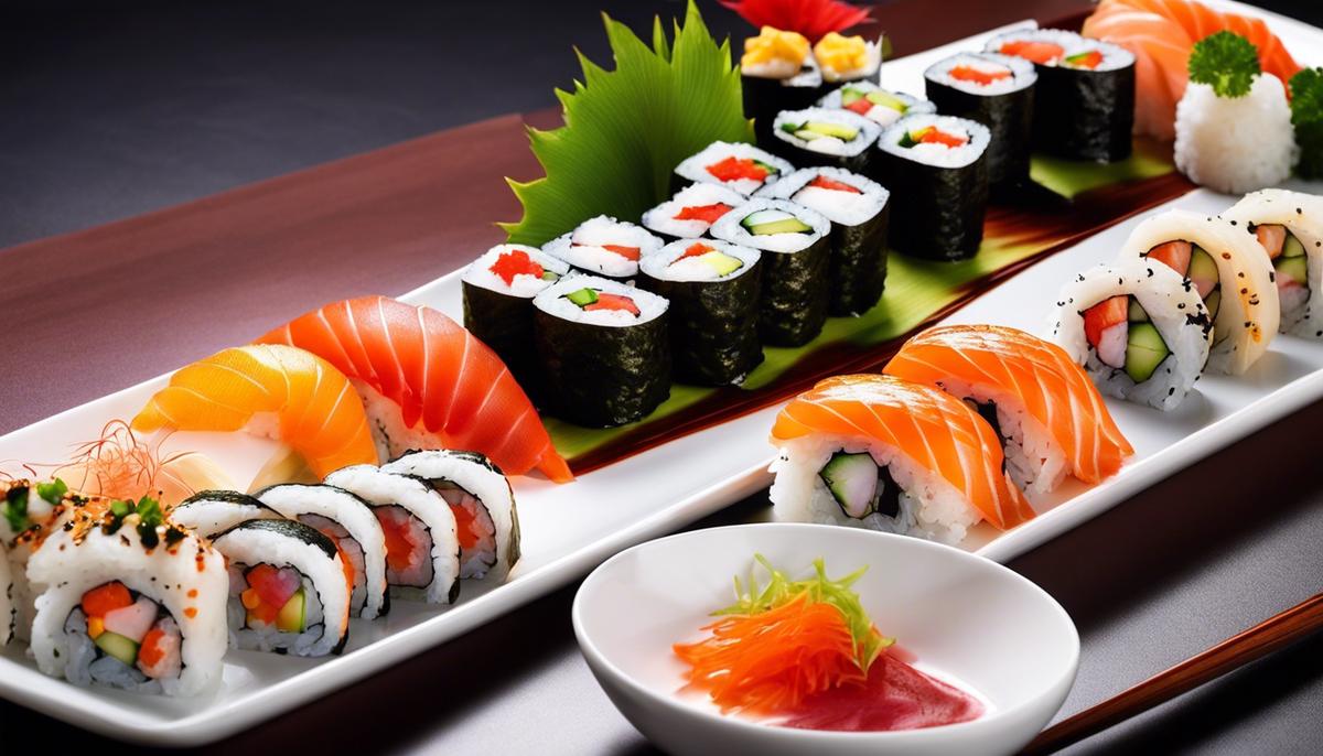 Un plato de exquisitos rollos de sushi con pescado fresco y arroz perfectamente cocinado.