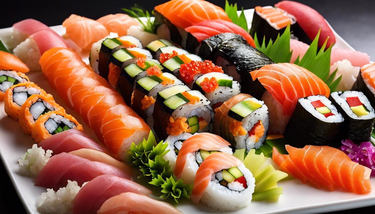 A beautifully presented sushi platter with various rolls, sashimi, and garnishes, showcasing the artistry and flavors of homemade sushi.