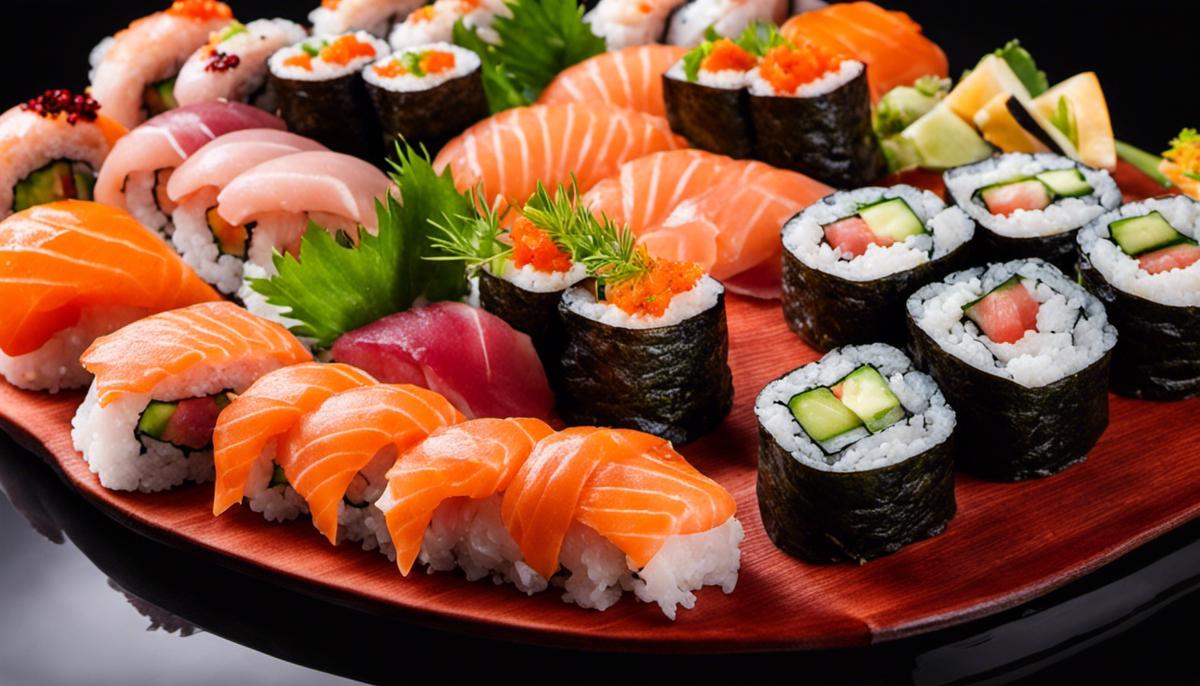 Una imagen en primer plano de un plato de sushi bellamente preparado con varios tipos de rollos de sushi y sashimi. Los colores y la presentación son visualmente impresionantes.