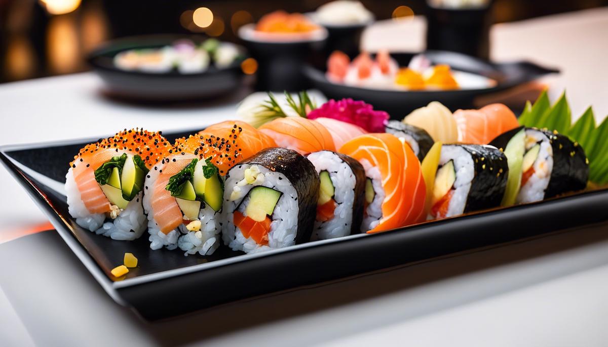 Un plato de rollos de sushi con varios ingredientes y guarniciones
