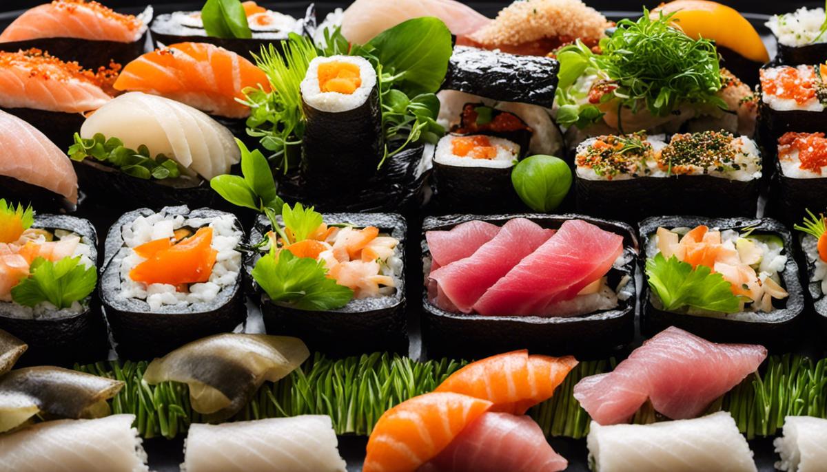 Various colorful sushi ingredients including lilamais, kombu, seedrache, and micro greens