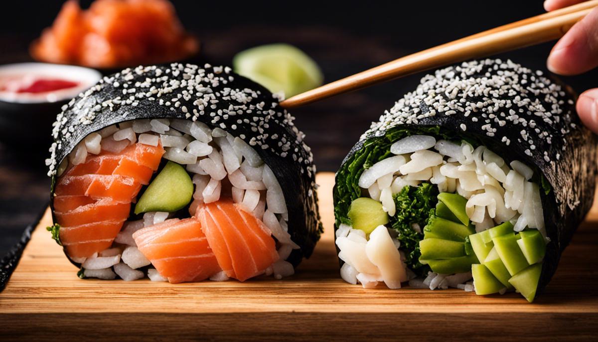 Image of a sushi roll being made, showing the various steps involved in the process