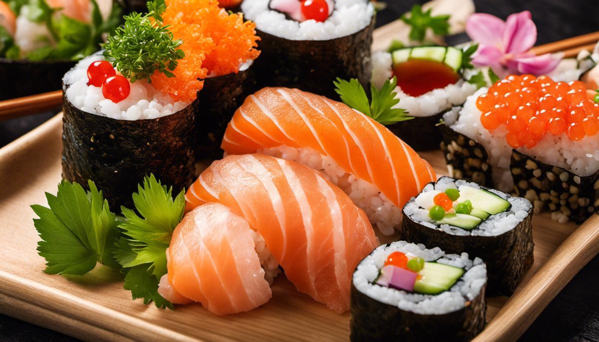 A beautifully arranged sushi plate with various sushi rolls, garnished with fresh herbs, pickled ginger, wasabi dots, and colorful caviar pearls.