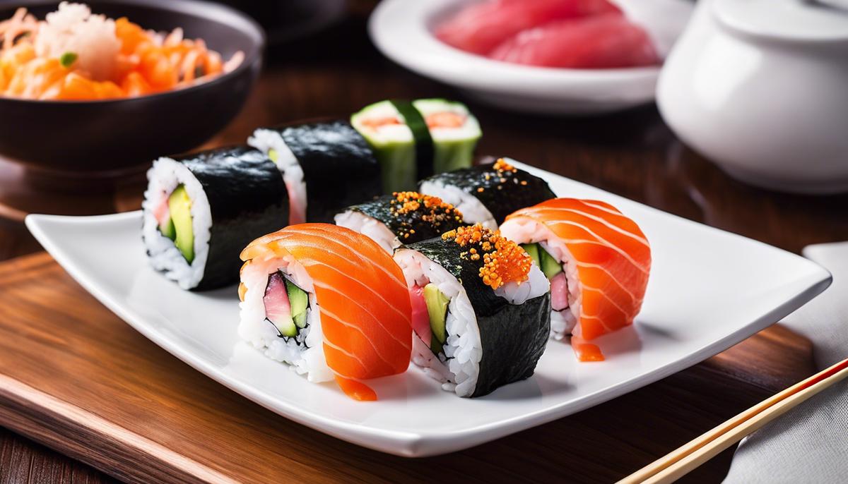 Un plato de sushi con un icono de embarazo, que simboliza la relación entre el sushi y el embarazo.
