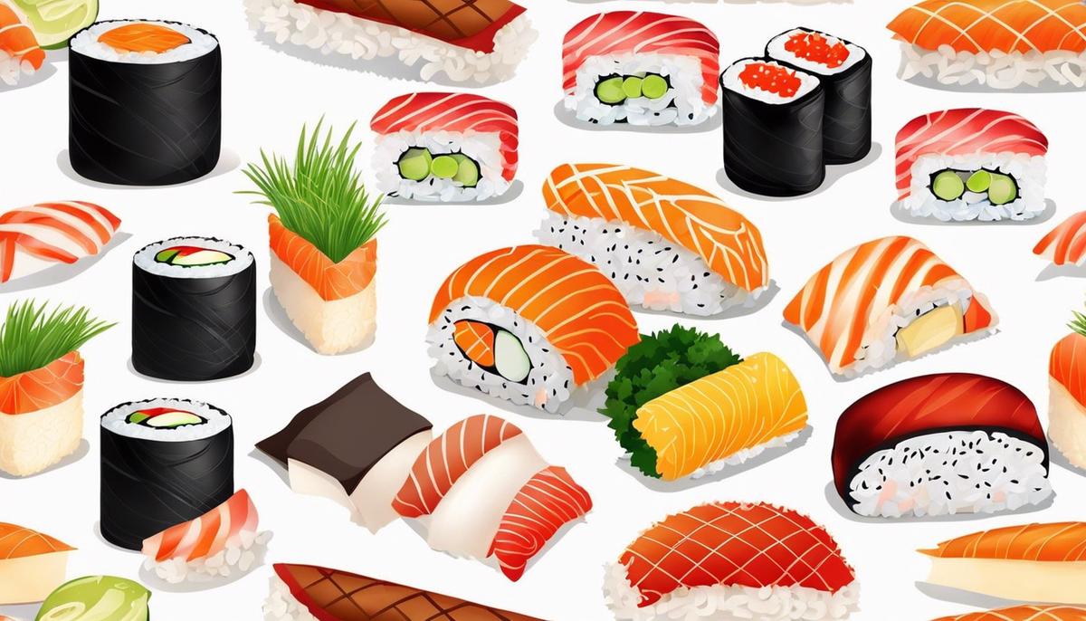 Image Description: Illustration of various sushi rolls, showcasing the colorful and artistic presentation