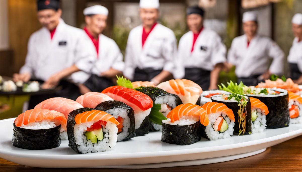 Image of a beautifully arranged sushi plate with various sushi rolls and garnish.