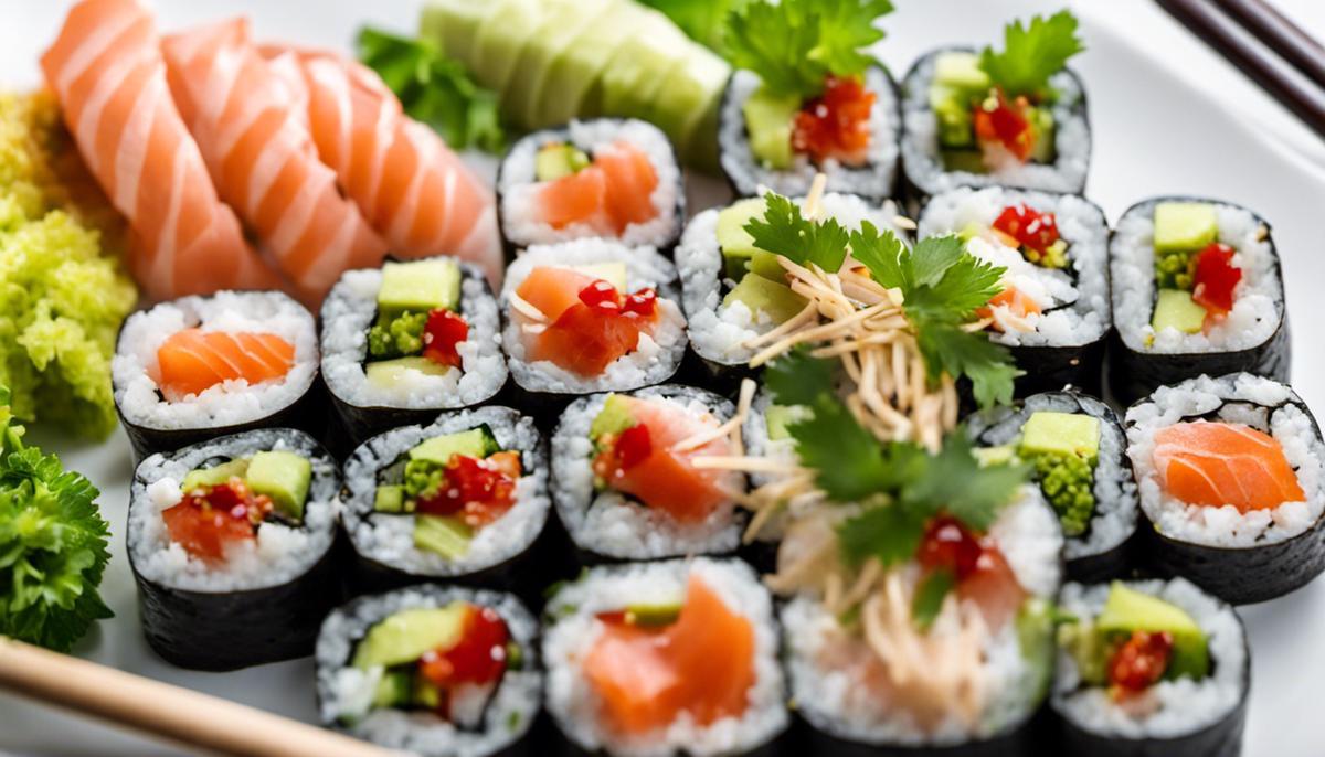 Bild von einer handgerollten Sushi-Rolle auf einem Serviertablett mit Sojasauce, Wasabi und eingelegtem Ingwer.