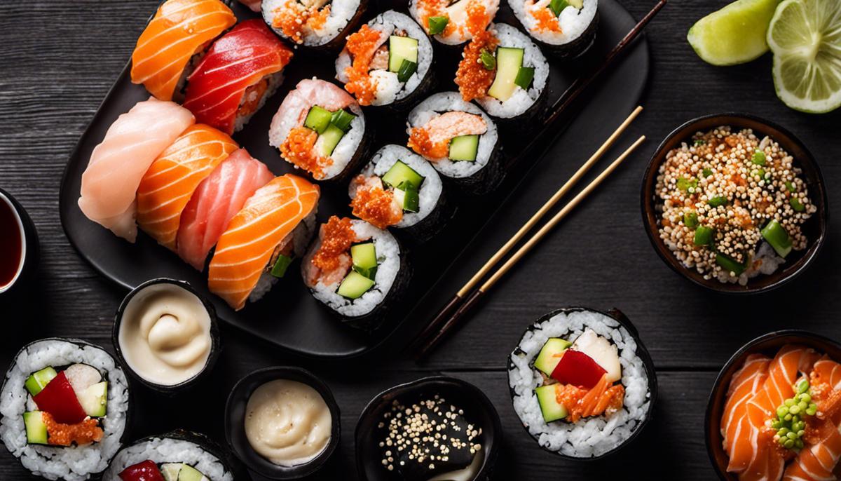 A plate of beautifully arranged sushi rolls, garnished with a drizzle of soy sauce and sesame seeds, placed on a black wooden table.
