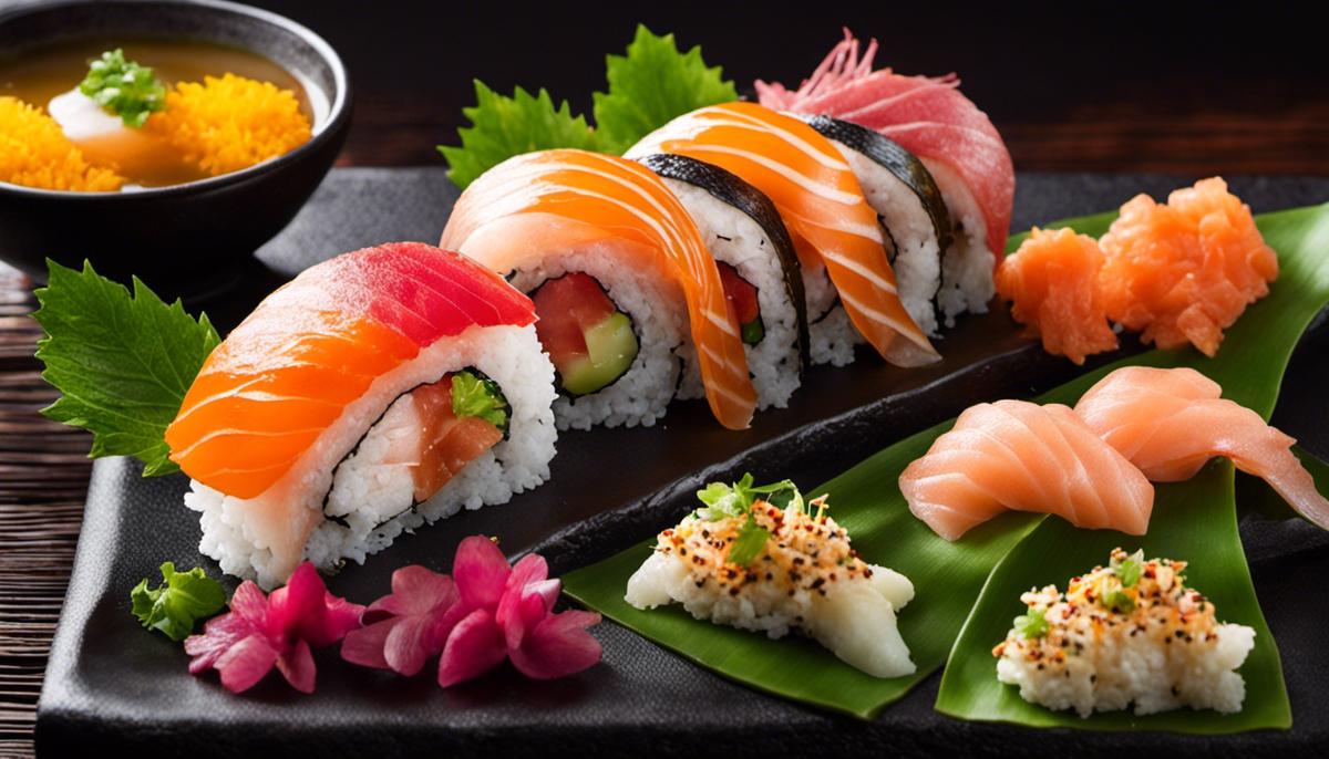 Bild eines Tellers mit verschiedenen Sushi-Rollen und Sashimi-Gerichten, die kunstvoll präsentiert sind und appetitlich aussehen