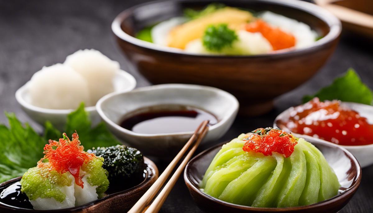 Different Japanese sauces, including wasabi, soy sauce, and ponzu sauce