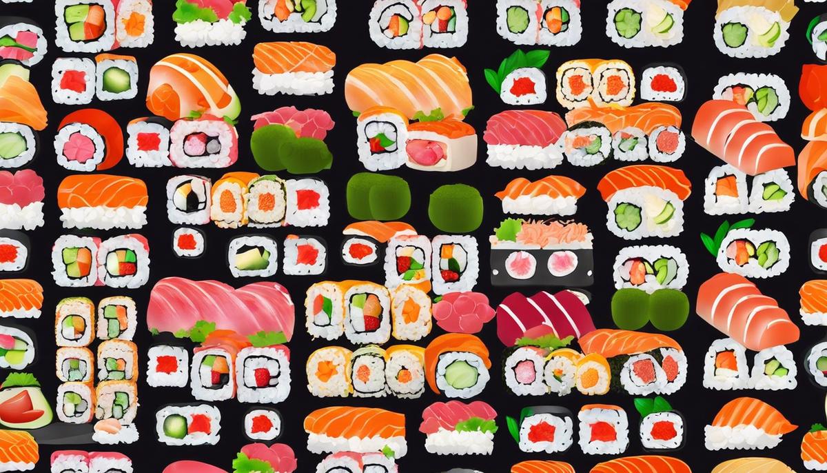 A plate of colorful sushi rolls with fresh seasonal ingredients.