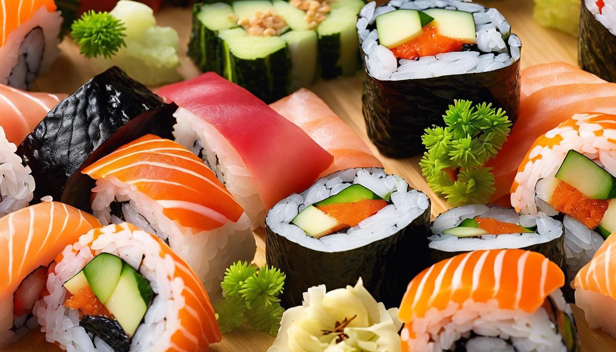 A close-up image of a beautifully prepared sushi roll, showcasing vibrant colors and intricate details.