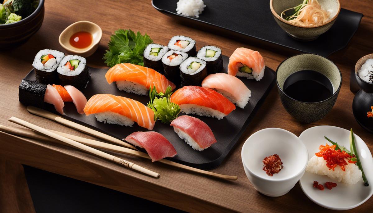 Image of sushi utensils, including a Makisu mat, a hangiri bowl, and a Yanagiba knife, all together in a kitchen setting.