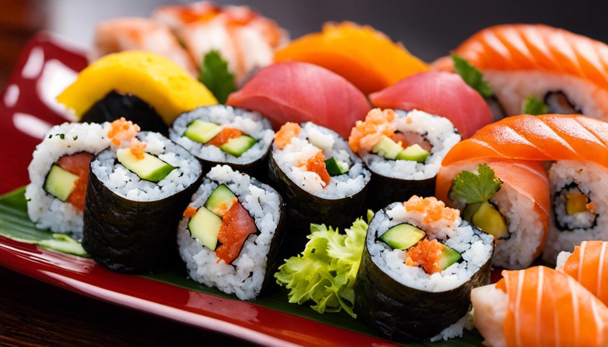 Various types of sushi rolls displayed together on a platter.