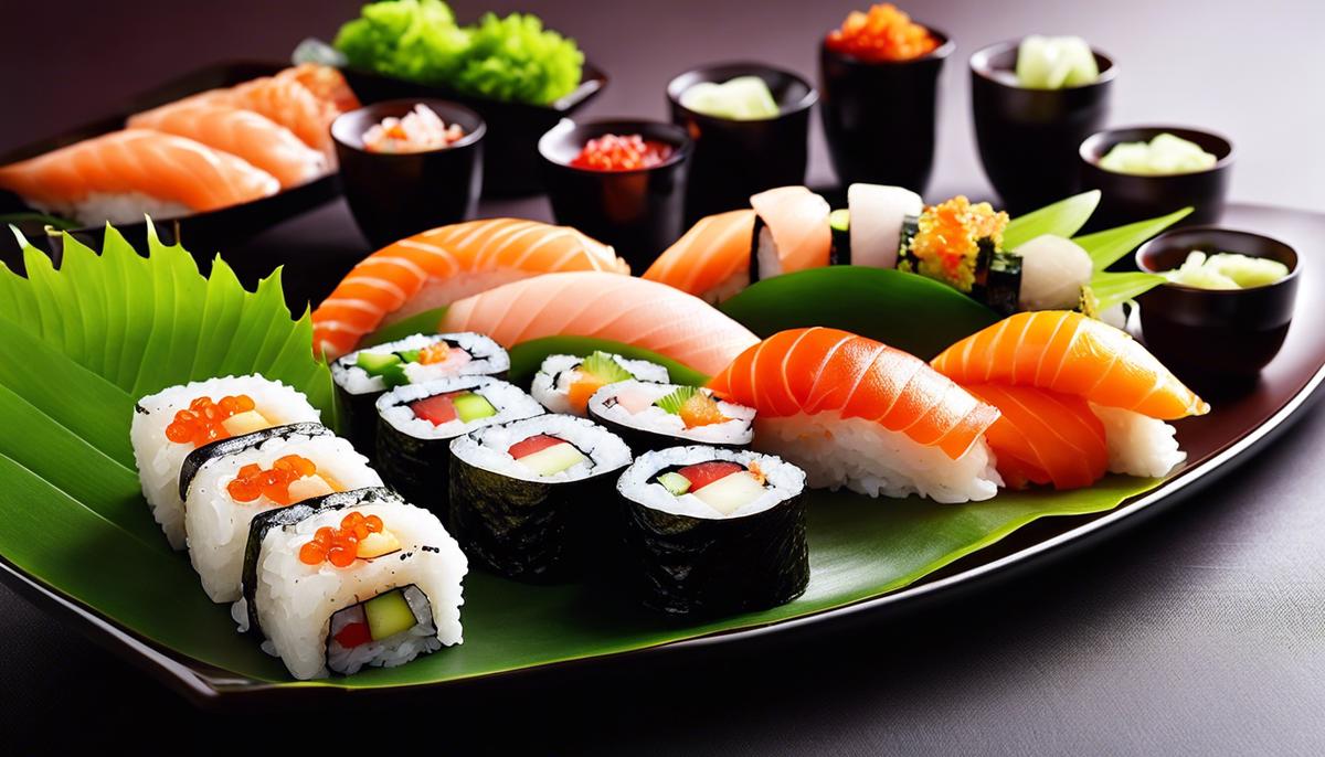 An illustration of different types of sushi with different ingredients that symbolize the diversity and adaptability of sushi.