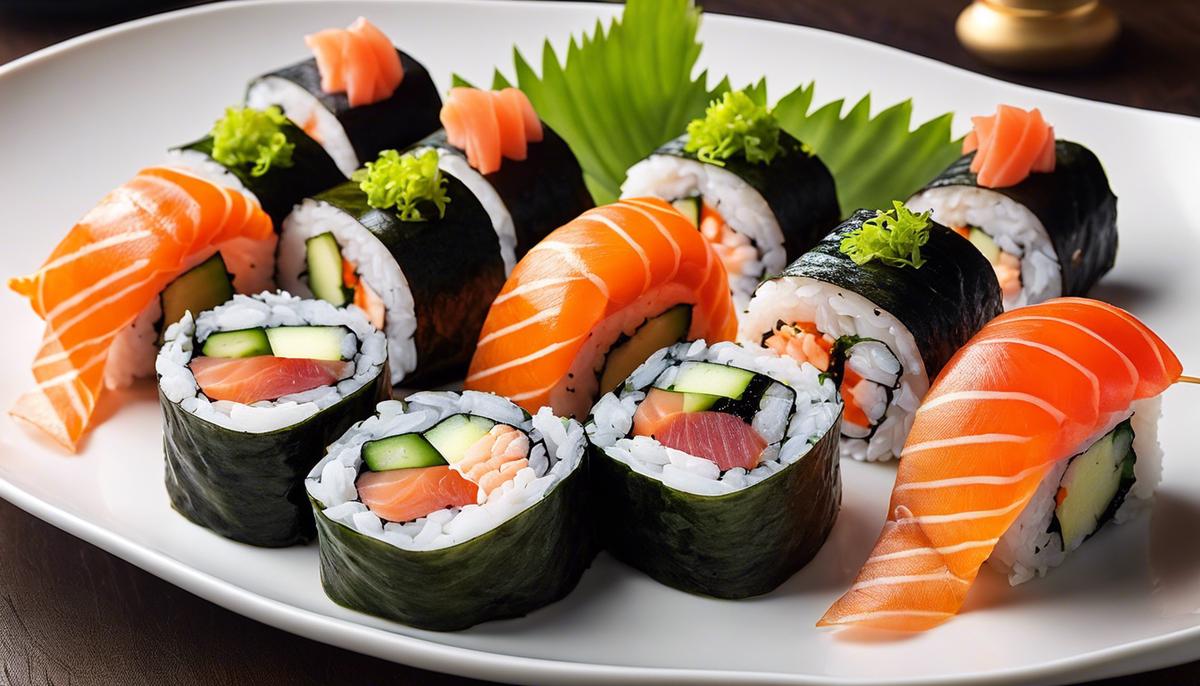 A plate of sushi rolls with sustainable fish, showcasing the importance of choosing environmentally friendly options.