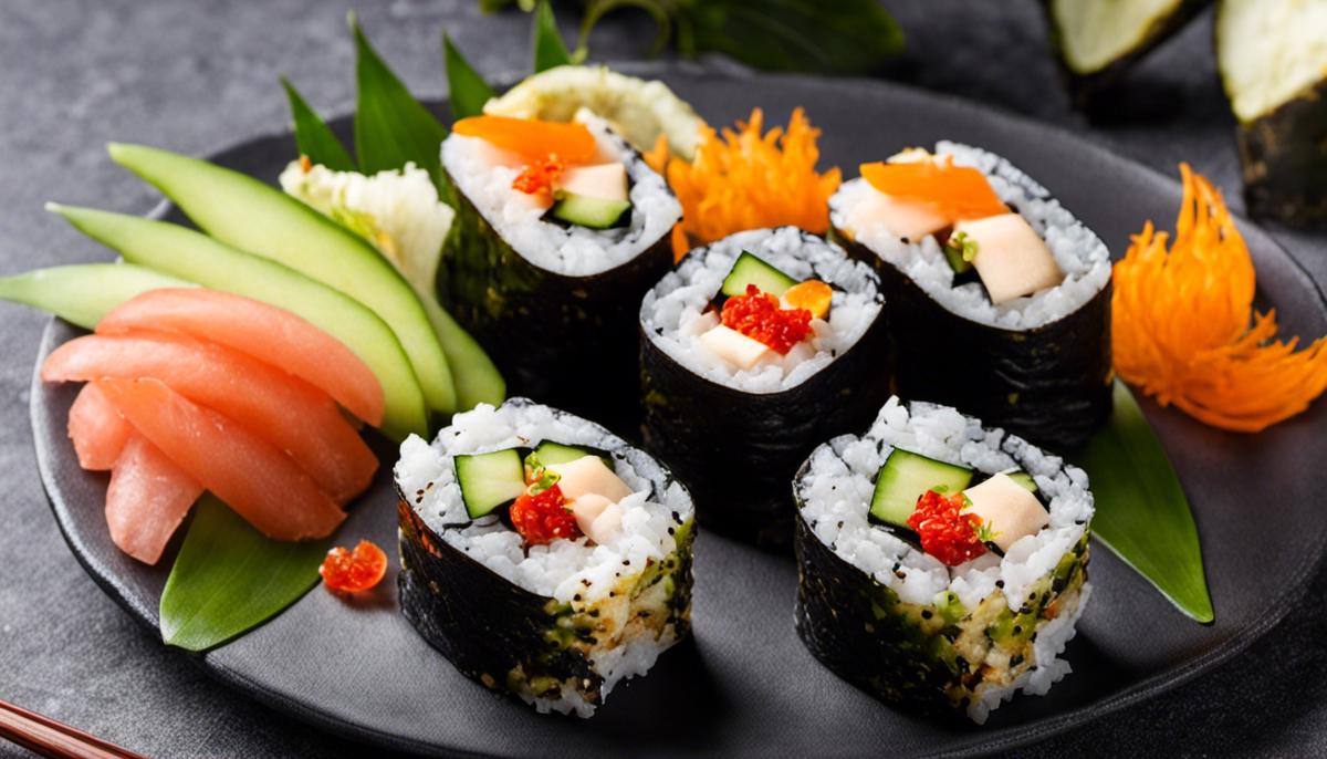 Exotic vegan and gluten-free sushi alternatives, beautifully presented on a plate.
